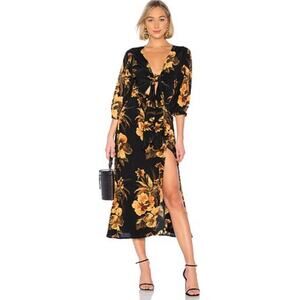 Faithful The Brand Womens Oliviera Midi Dress 2 Black Tropical Floral Tie Front